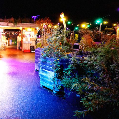 Illuminated rooftop garden at night with colorful LED lights and planted areas, Berlin